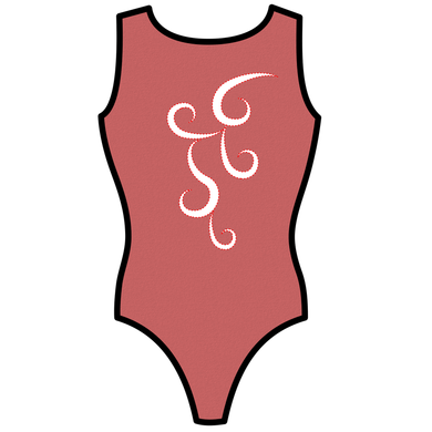 a red leotard with a swirly design on the front.